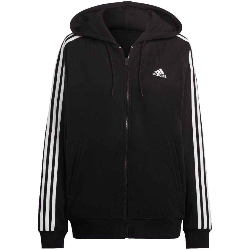Bluza damska adidas Essentials 3-Stripes French Terry Oversized Full-Zip Hoodie czarno-biała IC8782